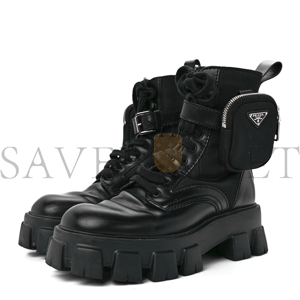 PRADA SPAZZOLATO ROIS RE-NYLON METAL TRIANGLE LOGO MONOLITH POUCH POCKET 55MM BOOTS 6 BLACK
