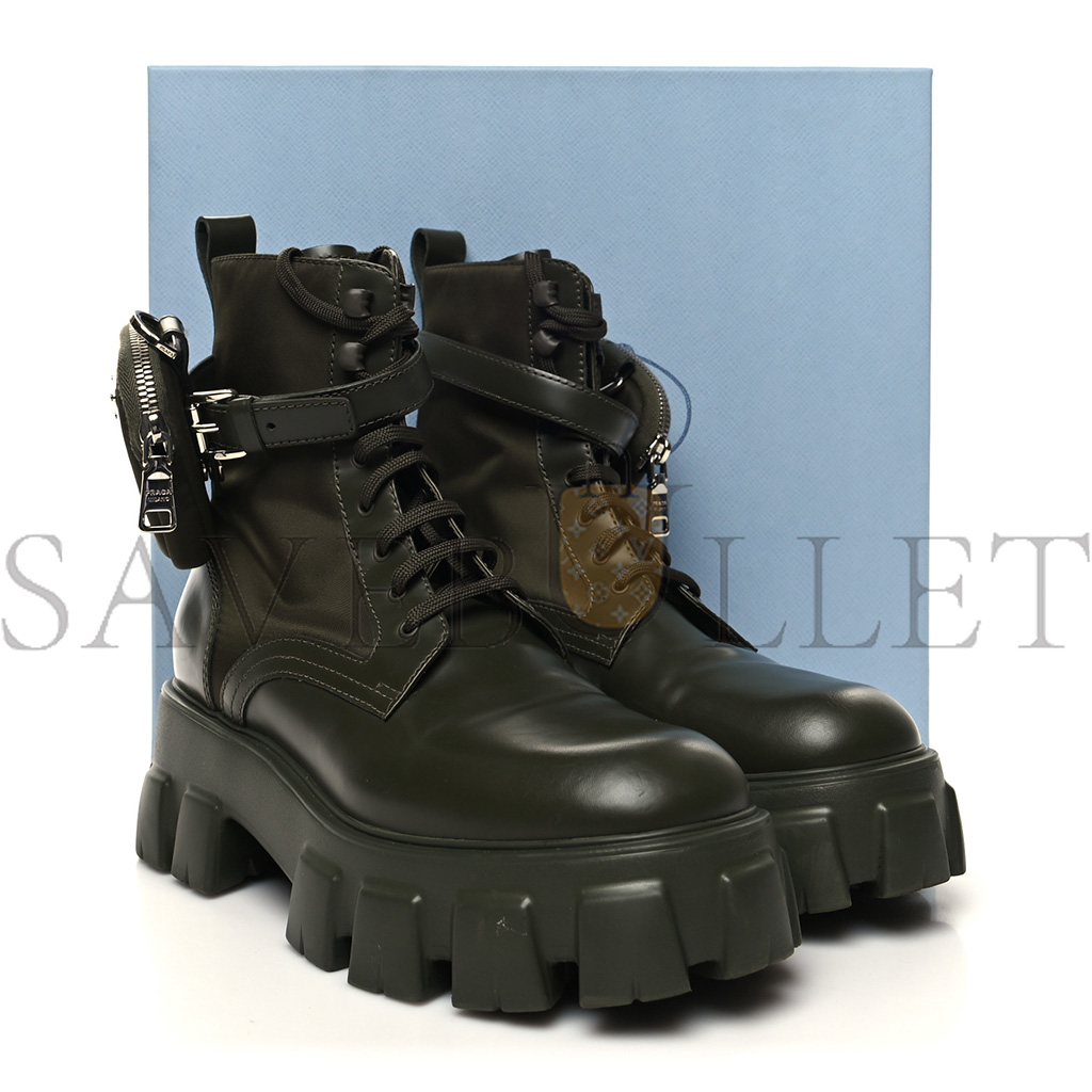 PRADA SPAZZOLATO ROIS RE-NYLON METAL TRIANGLE LOGO MONOLITH POUCH POCKET 55MM BOOTS 40.5 MILITARE
